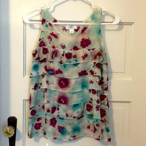 Ruffled work blouse with blue and purple watercolor print